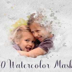 May include: Two young girls are hugging each other, smiling and looking at the camera. The image is surrounded by a watercolour effect with splashes of colour.