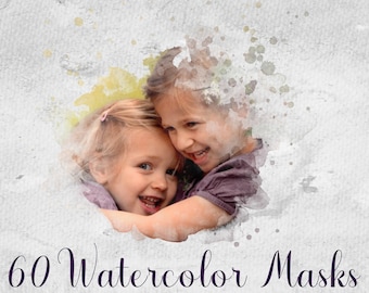 60 Watercolor Photoshop Brushes,  PNG Clipping Masks, Watercolor Portrait Masks, 5 Paper Textures, Watercolor Overlays