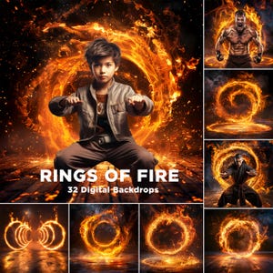 May include: A collection of 32 digital backdrops featuring fiery rings of orange and yellow flames against a dark background. The text "Rings of Fire" and "32 Digital Backdrops" is displayed on the image.