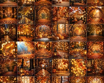 May include: A collage of thirty images featuring autumn landscapes, paths covered in fallen orange and brown leaves, glowing string lights, lanterns, and pumpkins, creating a warm, seasonal atmosphere with golden lighting throughout.