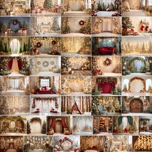 May include: A selection of Christmas-themed photography backdrops. The images showcase decorated Christmas trees, festive garlands, and twinkling lights. Some backdrops include fireplaces, wreaths, and gift boxes, creating a warm, festive atmosphere. The colour palette includes red, green, gold, and white.