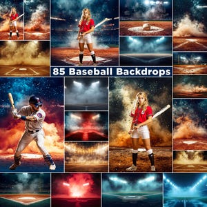 May include: 85 Baseball Backdrops digital download.  A collection of baseball field backgrounds with various lighting and smoke effects.  Perfect for creating custom baseball team photos.