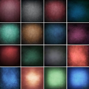 May include: A collection of 18 solid color digital backgrounds in various shades of blue, green, red, brown, purple, and yellow. The backgrounds have a textured, vintage look.