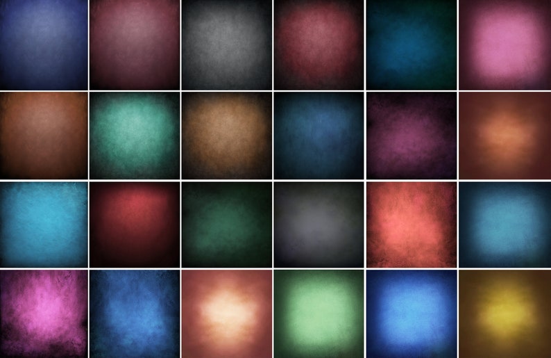 May include: A collection of 18 solid color digital backgrounds in various shades of blue, green, red, brown, purple, and yellow. The backgrounds have a textured, vintage look.