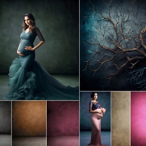 May include: A collage of images featuring a pregnant person in a flowing teal gown, a dark green backdrop with a bare tree branch, and a variety of solid color backdrops in shades of gray, brown, pink, and green.