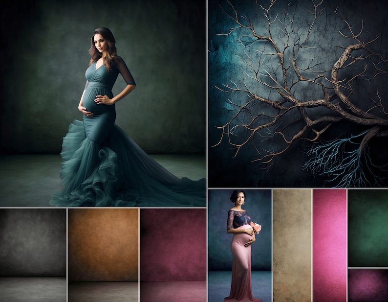 May include: A collage of images featuring a pregnant person in a flowing teal gown, a dark green backdrop with a bare tree branch, and a variety of solid color backdrops in shades of gray, brown, pink, and green.