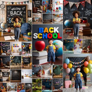Pode incluir: Uma colagem de fundos fotográficos com o tema de volta às aulas, apresentando quadros-negros, bandeirolas coloridas, pilhas de livros, globos, maçãs e crianças vestindo jardineiras jeans, exibindo vários cenários escolares e materiais.