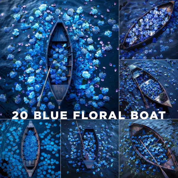 20 Blue Floral Seas Boat Set Digital Backdrops, Photography Backdrops, Romantic Maternity Overlays, Background Composite, Photoshop Overlays