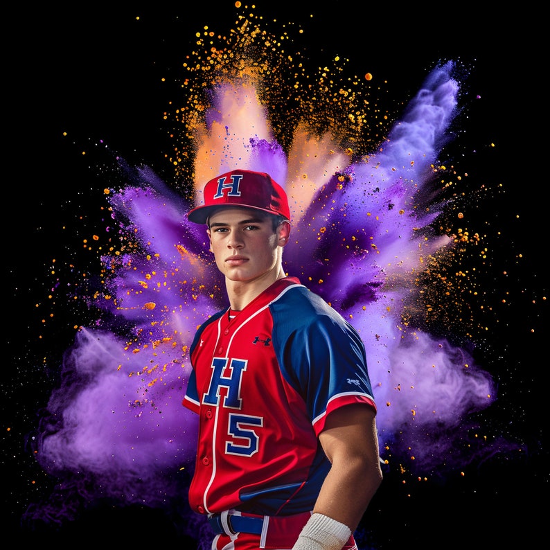 May include: A baseball player wearing a red and blue uniform with the letter 'H' and the number '5' on the front. The player is standing in front of a purple and orange powder explosion.