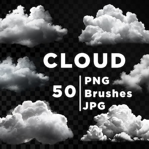 Könnte beinhalten: Ein Set mit 50 Wolkenpinseln in den Formaten PNG und JPG. Die Pinsel sind weiß und flauschig und perfekt, um Ihren Designs einen Hauch von Realismus zu verleihen.