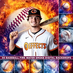 May include: 50 digital baseball backdrops featuring baseballs engulfed in flames, water, and smoke. The backdrops are ideal for creating unique and dynamic sports-themed photos.