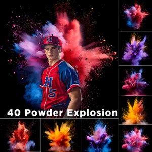 May include: A baseball player wearing a red and blue jersey with the letter 'H' and the number '5' on it, stands in front of a colourful powder explosion. The background is black.