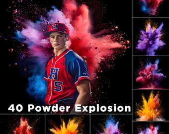 May include: A baseball player wearing a red and blue jersey with the letter 'H' and the number '5' on it, stands in front of a colourful powder explosion. The background is black.