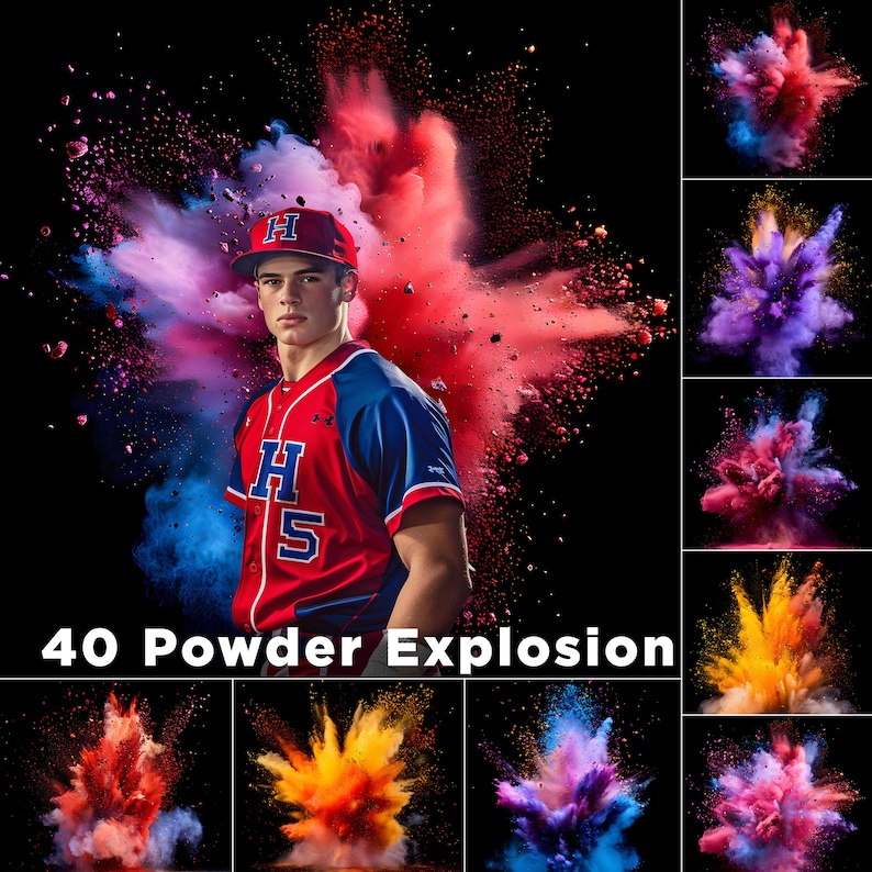 May include: A baseball player wearing a red and blue jersey with the letter 'H' and the number '5' on it, stands in front of a colourful powder explosion. The background is black.