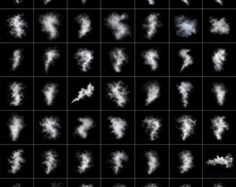 May include: A collection of forty-nine distinct white smoke and steam plumes arranged in a seven-by-seven grid against a solid black background. Each individual square features a unique, wispy, and translucent cloud formation.
