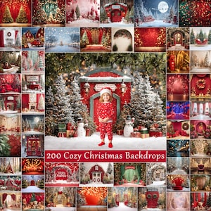 Può includere: Un collage di 200 sfondi natalizi accoglienti. Le immagini presentano scene festive con alberi di Natale, neve e decorazioni natalizie. Un bambino in pigiama rosso e cappello di Babbo Natale è in piedi davanti a un edificio rosso.
