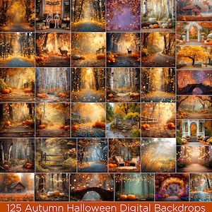 May include: A selection of 25 digital backdrops with autumn and Halloween themes. The images depict forest paths, bridges, and pumpkin displays, all illuminated by warm, golden light. The text on the image reads "125 Autumn Halloween Digital Backdrops."