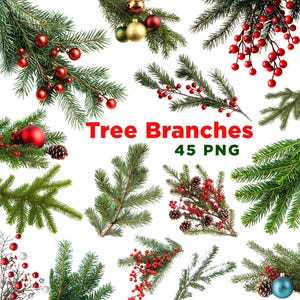 Puede incluir: Una colección de ramas de árboles de hoja perenne con bayas rojas, piñas y adornos. La imagen incluye el texto "Tree Branches 45 PNG" en rojo y verde, ideal para diseños y manualidades navideñas.