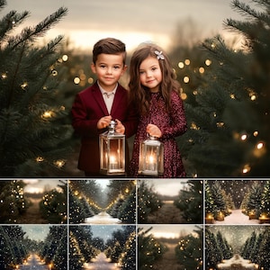 May include: Two children, a boy and a girl, stand in front of a Christmas tree farm. They are holding lanterns and smiling. The trees are decorated with lights and there is a soft snowfall in the background.
