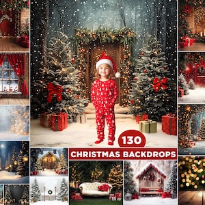 May include: A collection of 130 digital Christmas backdrops featuring a variety of festive scenes, including snowy landscapes, decorated trees, and cosy cabins. The backdrops are perfect for creating holiday-themed photos and digital art.