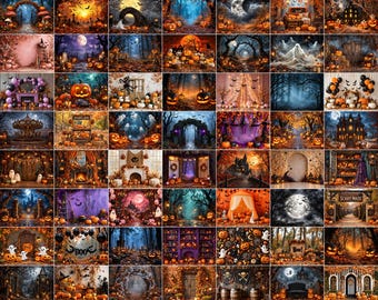 May include: A collection of 150 digital Halloween backdrops featuring various scenes including haunted houses, pumpkin patches, spooky forests, graveyards, ghosts, and festive decorations with orange, black, and purple color palettes.