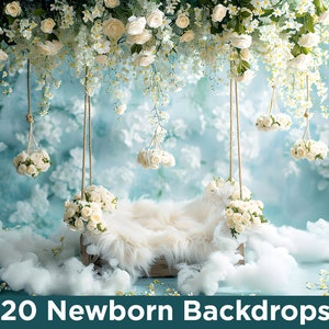 May include: A white faux fur backdrop with a wooden frame and white flower garlands hanging from the top. The backdrop is perfect for newborn photography.
