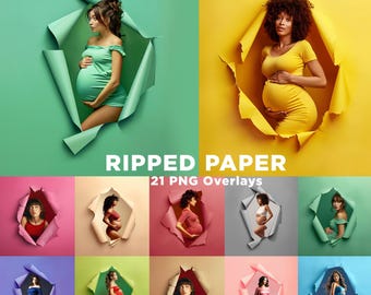 May include: A set of 21 digital overlays featuring ripped paper effects. The overlays are in various colors, including green, yellow, pink, blue, and gray. Each overlay features a pregnant woman standing in a ripped paper hole.