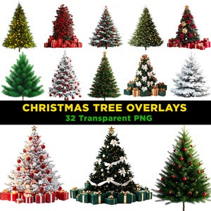 May include: A collection of 32 transparent PNG images of Christmas trees with various decorations, including ornaments, lights, and snow. The trees are isolated on a white background and are perfect for adding a festive touch to your designs.
