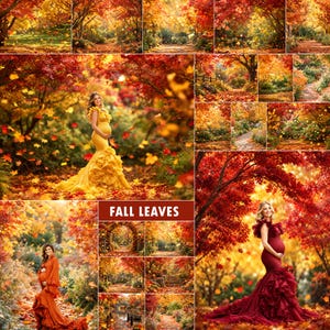 May include: A digital photography backdrop collection featuring various autumn scenes with vibrant red, orange, and yellow maple leaves, forest paths, and garden settings, including two images of pregnant figures in long ruffled gowns.