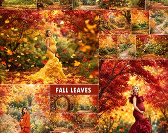 May include: A digital photography backdrop collection featuring various autumn scenes with vibrant red, orange, and yellow maple leaves, forest paths, and garden settings, including two images of pregnant figures in long ruffled gowns.