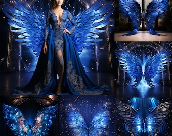 May include: A woman in a blue gown stands in front of a pair of large blue wings. The wings are made of feathers and have a sparkly effect. The woman is wearing a crown and has a beautiful smile.