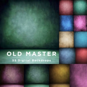 May include: A collection of 55 digital backdrops in various colors and textures, including green, blue, red, pink, and brown. The backdrops are designed to look like old master paintings, with a textured, aged appearance. The text "OLD MASTER 55 Digital Backdrops" is displayed at the bottom of the image.