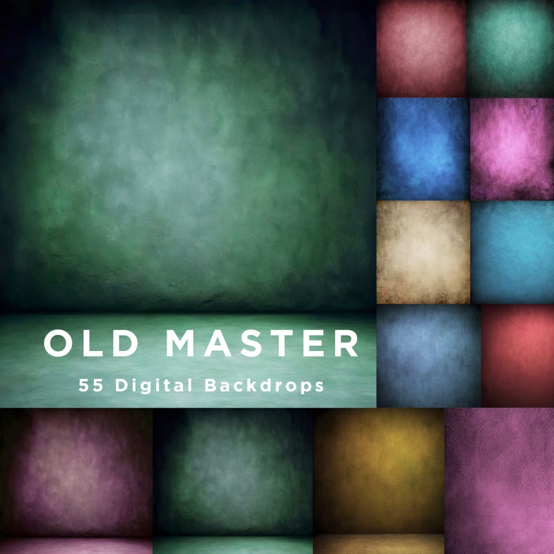 May include: A collection of 55 digital backdrops in various colors and textures, including green, blue, red, pink, and brown. The backdrops are designed to look like old master paintings, with a textured, aged appearance. The text "OLD MASTER 55 Digital Backdrops" is displayed at the bottom of the image.