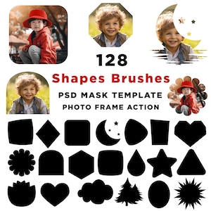 May include: An image featuring 128 shapes brushes, PSD mask templates, and photo frame actions. The image includes various shapes, such as squares, diamonds, and hearts, along with photos of children. The text "Shapes Brushes" is prominently displayed.