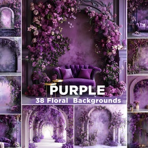 38 Purple Floral  Backgrounds, Floral Arch Digital Backdrops, Photography Backdrops, Maternity Overlays, Background Composite