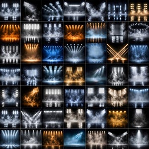 May include: A collection of forty-eight digital images featuring stadium floodlights in various configurations, including white, blue, and orange illumination, with thick fog and smoke effects creating dramatic light beams against dark backgrounds.