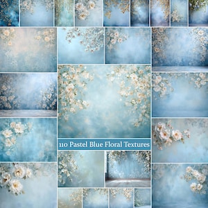 May include: A collection of 110 digital photography backdrops featuring pastel blue textured backgrounds adorned with white and cream floral arrangements. The images display various compositions of blossoms and foliage against soft, cloudy blue surfaces.
