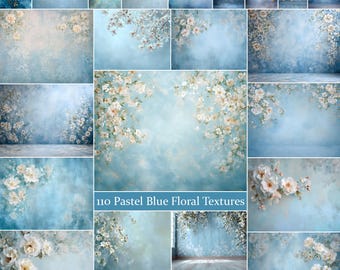 110 Pastel Blue Floral Texture Digital Backdrops: Photoshop Textures (JPG File)