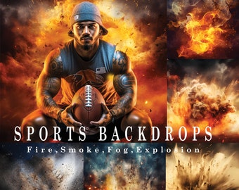 Pode incluir: Uma colagem de imagens com uma variedade de cenários esportivos, incluindo fogo, fumaça, névoa e explosões. Os cenários são projetados para serem usados na edição de fotos e design gráfico.
