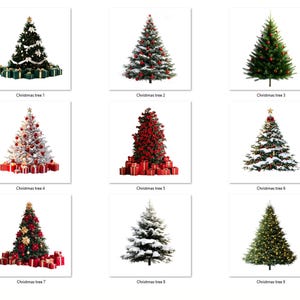 May include: Nine different Christmas trees decorated with ornaments, lights, and presents. The trees are all different sizes and shapes, and they are all decorated in a festive way.