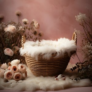 Op de afbeelding: Een rieten mand bekleed met wit nep bont, omringd door roze en witte bloemen. De mand is een populaire rekwisiet voor newborn fotografie.