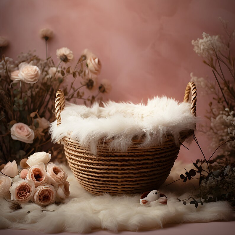 Op de afbeelding: Een rieten mand bekleed met wit nep bont, omringd door roze en witte bloemen. De mand is een populaire rekwisiet voor newborn fotografie.