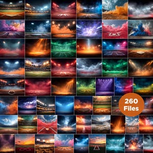 May include: A collection of 260 digital files featuring various baseball stadium backgrounds. The images showcase different lighting effects, including spotlights, smoke, and dramatic skies. The color palette includes shades of red, orange, blue, and green.
