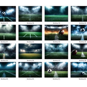 Pu&ograve; includere: Una collezione di sfondi digitali raffiguranti vari campi sportivi, tra cui calcio e football americano. Ogni sfondo mostra un campo con illuminazione da stadio ed effetti atmosferici come nebbia o fumo. Gli sfondi sono numerati.