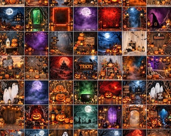 May include: A digital collage of forty-eight distinct Halloween-themed backdrops featuring pumpkins, ghosts, haunted houses, graveyards, witches' hats, cauldrons, and autumn foliage under full moons, with various orange, purple, and blue lighting.