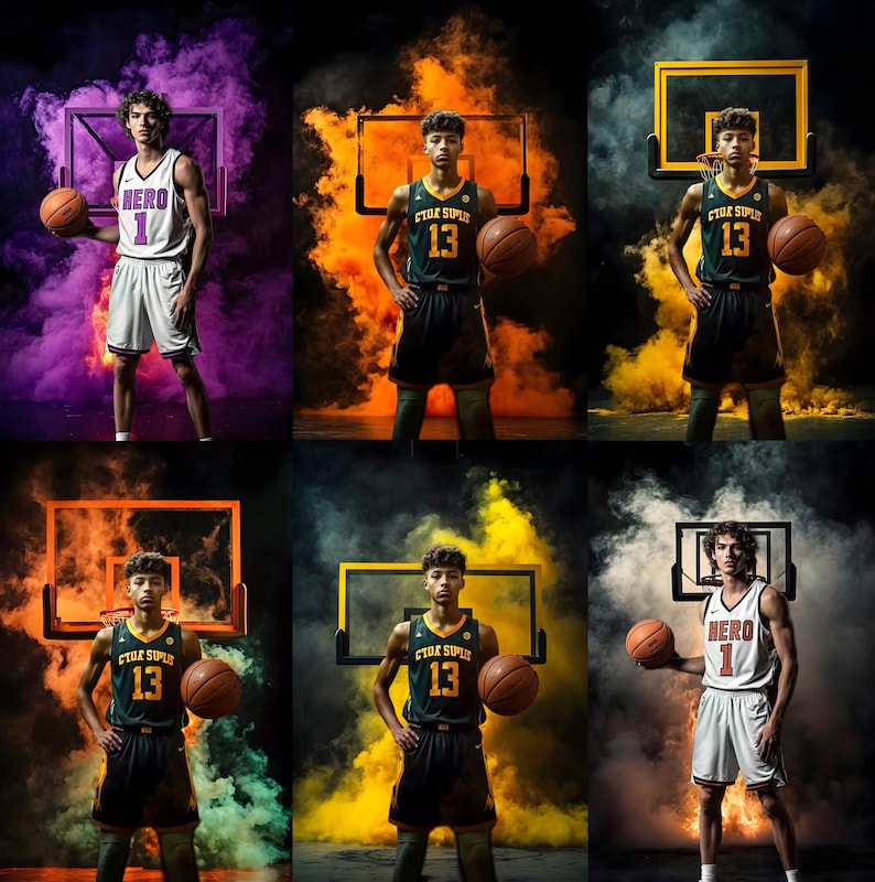 Pode incluir: Seis jogadores de basquete em fundos de fuma&ccedil;a de diferentes cores. Cada jogador est&aacute; segurando uma bola de basquete e est&aacute; em p&eacute; na frente de uma cesta de basquete. Os jogadores est&atilde;o vestindo uniformes de basquete com o texto "CTOR SUPLE 13" ou "HERO 1".