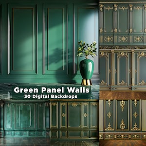 May include: A set of 30 digital backdrops featuring green panel walls with gold accents. The backdrops are perfect for creating elegant and sophisticated photoshoots.