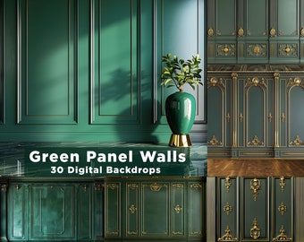 Op de afbeelding: Een set van 30 digitale achtergronden met groene paneelwanden met gouden accenten. De achtergronden zijn perfect voor het creëren van elegante en verfijnde fotoshoots.