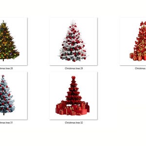 May include: Five different Christmas trees decorated with ornaments, lights, and presents. The trees are all on a white background.