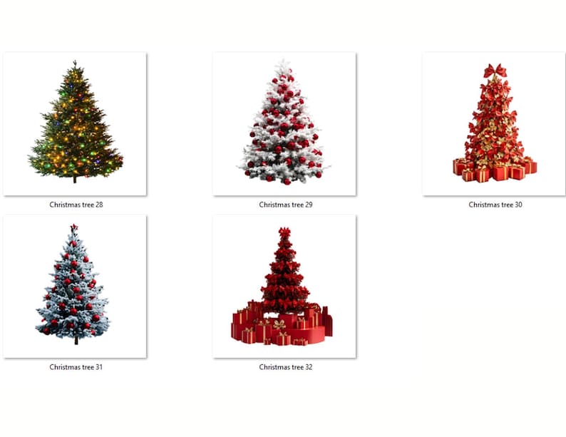 May include: Five different Christmas trees decorated with ornaments, lights, and presents. The trees are all on a white background.